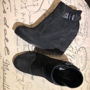 AllSaints black nubuck suede wedge ankle boots.